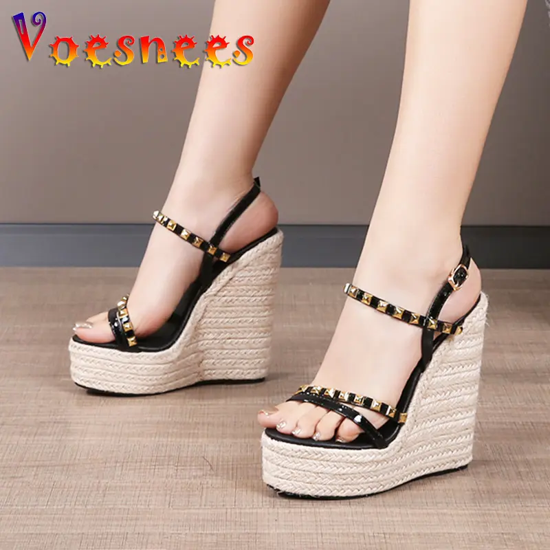 2023 New Platform Female Shoes Straw Rope Weaving Fashion Sandals Women Comfortable Wedges High Heels Summer Rivets Party Pumps