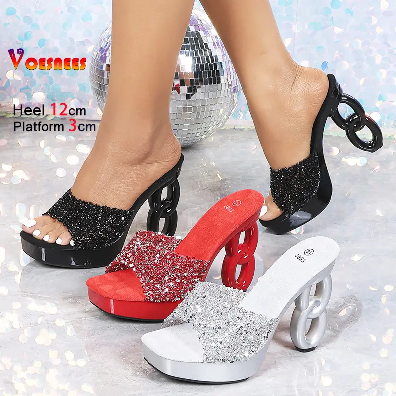 Ladies High Heel Slippers European and American Nightclub 12CM Strange Style Square Toe Sandals Women Sequin Summer Slides Shoes