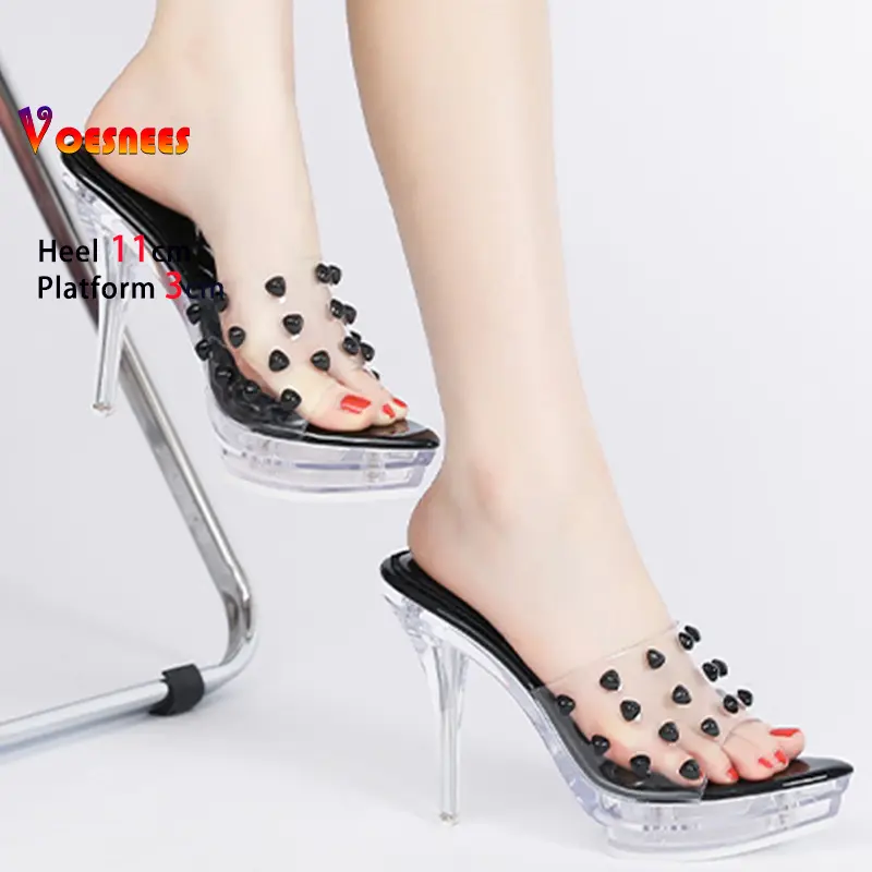 Black High Heels 11cm Platform 3cm Women's Slippers Clear Thin Heels Pointed Head Ladies Pumps Color Rivet Stiletto Party Shoes