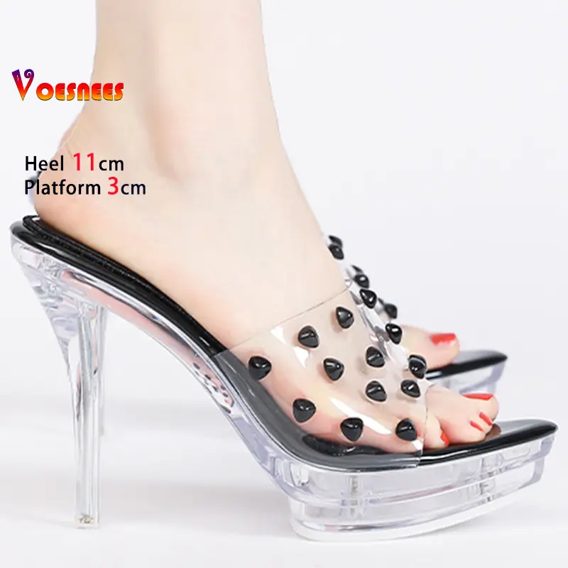 Black High Heels 11cm Platform 3cm Women's Slippers Clear Thin Heels Pointed Head Ladies Pumps Color Rivet Stiletto Party Shoes