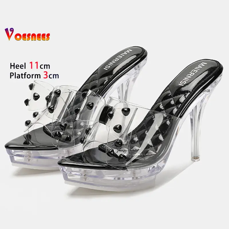 2025 Black High Heels 11cm Platform 3cm Women Slippers Thin Heels Pointed Head Ladies Pumps Clear Bow Rivet Stiletto Party Shoes