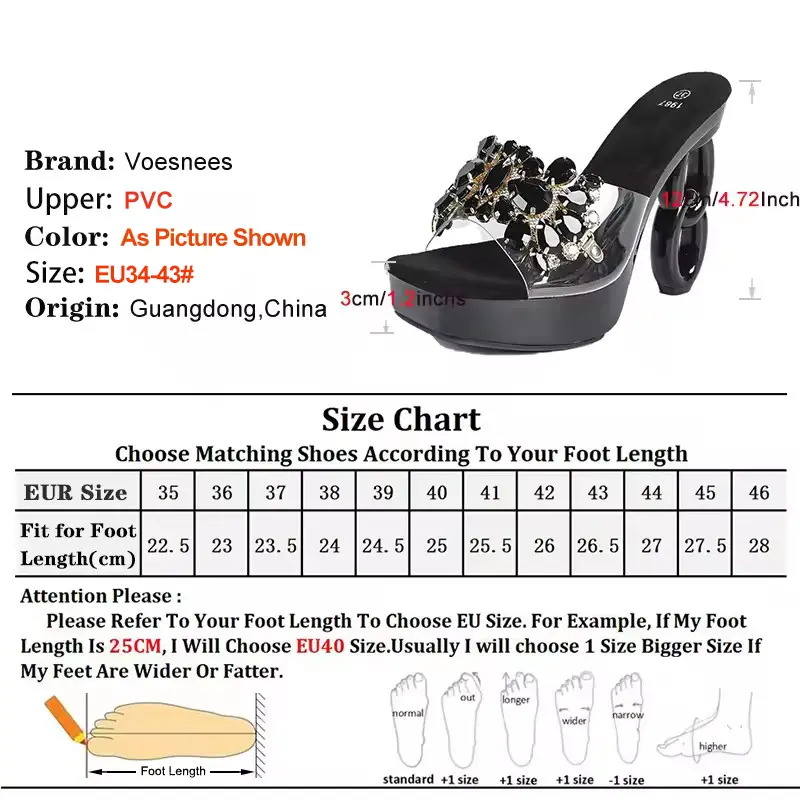Transparent PVC Slippers For Women 3CM Platform 12CM Strange Style Luxury Rhinestones Party Shoes Summer Black High Heel Sandals