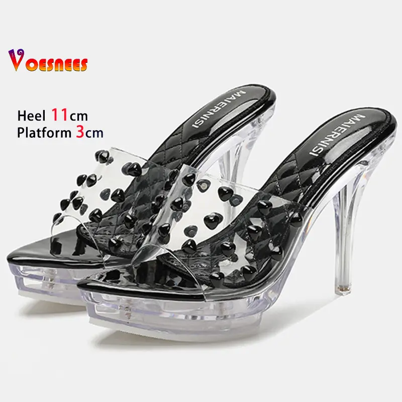 Black High Heels 11cm Platform 3cm Women's Slippers Clear Thin Heels Pointed Head Ladies Pumps Color Rivet Stiletto Party Shoes