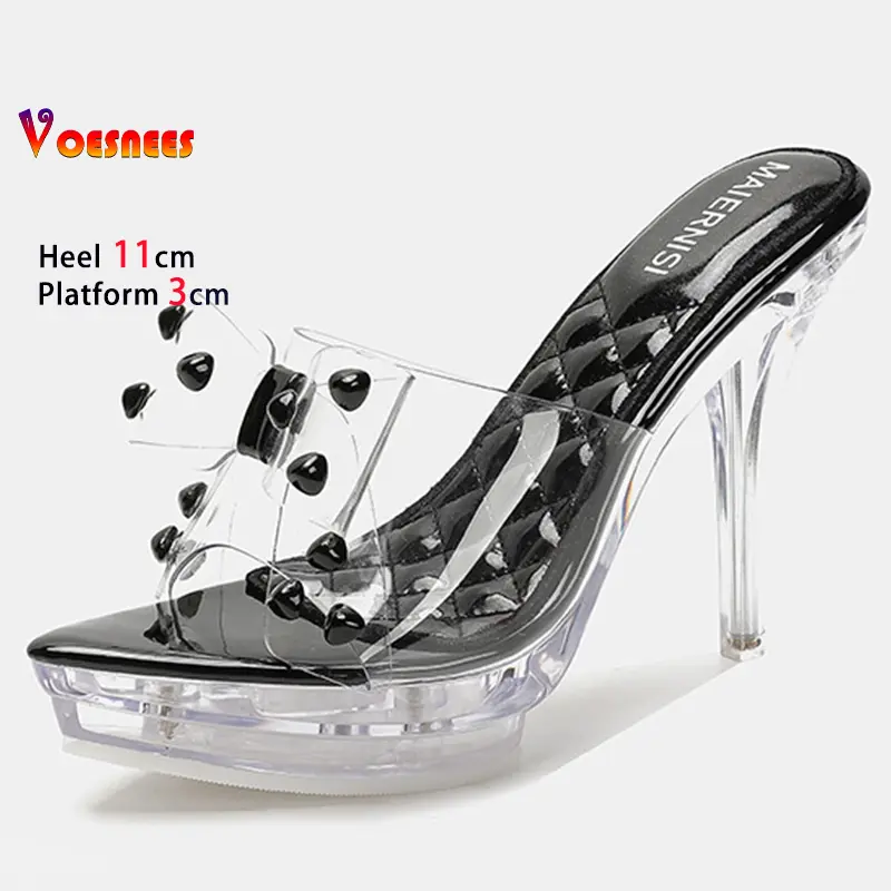 2025 Black High Heels 11cm Platform 3cm Women Slippers Thin Heels Pointed Head Ladies Pumps Clear Bow Rivet Stiletto Party Shoes