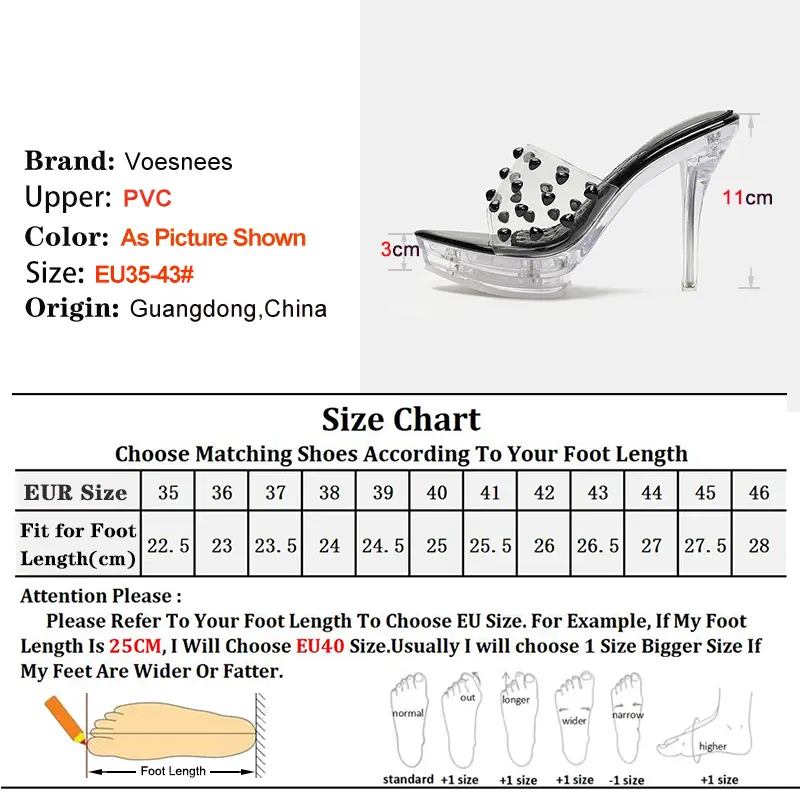 Black High Heels 11cm Platform 3cm Women's Slippers Clear Thin Heels Pointed Head Ladies Pumps Color Rivet Stiletto Party Shoes