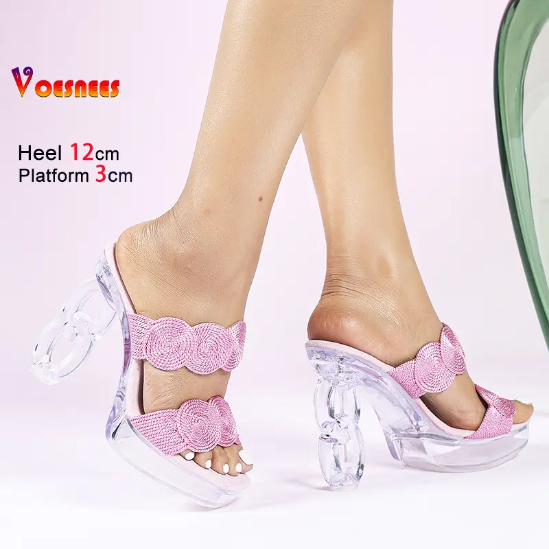 Summer Clear High Heels Slippers For Woman 2025 New Strange Style Fashion Square Toe 12CM Sexy Women Party Shoes Crystal Sandals