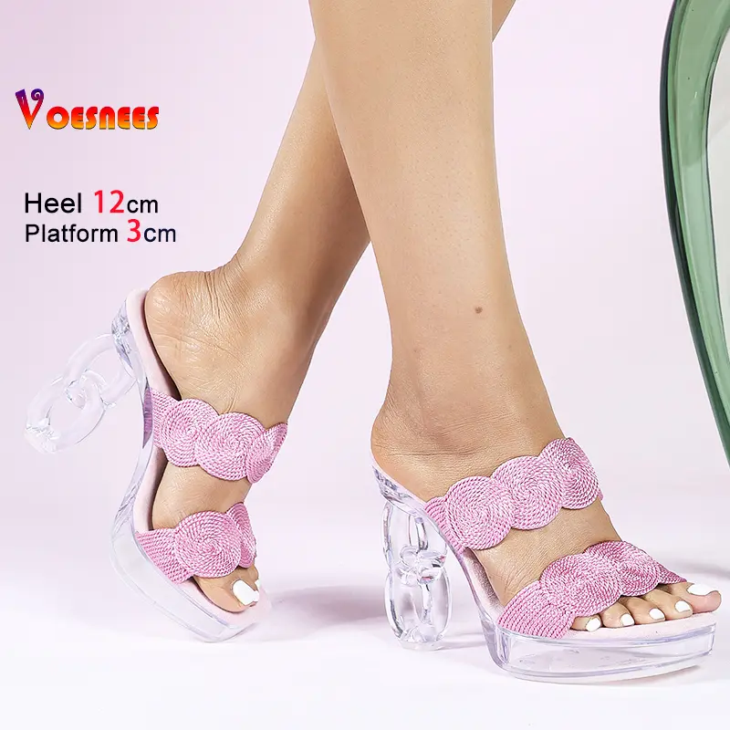 Summer Clear High Heels Slippers For Woman 2025 New Strange Style Fashion Square Toe 12CM Sexy Women Party Shoes Crystal Sandals