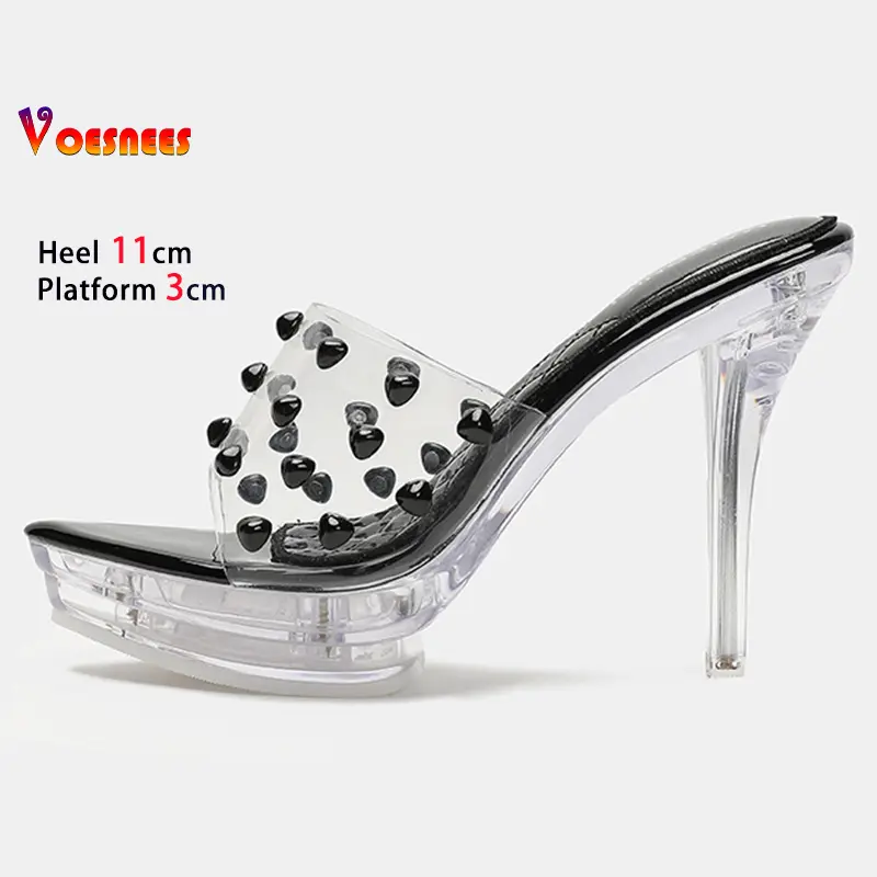 Black High Heels 11cm Platform 3cm Women's Slippers Clear Thin Heels Pointed Head Ladies Pumps Color Rivet Stiletto Party Shoes