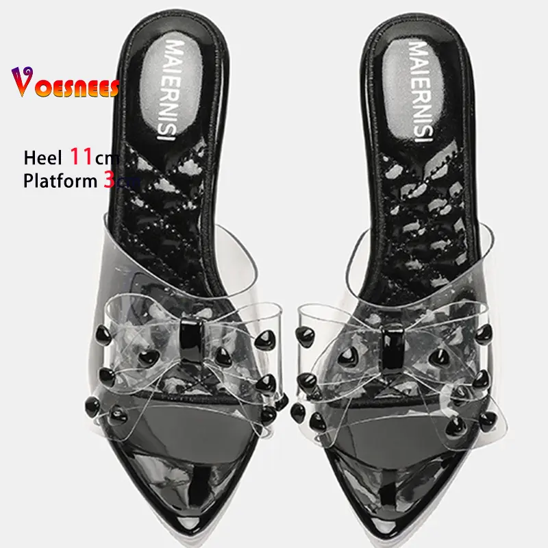 2025 Black High Heels 11cm Platform 3cm Women Slippers Thin Heels Pointed Head Ladies Pumps Clear Bow Rivet Stiletto Party Shoes