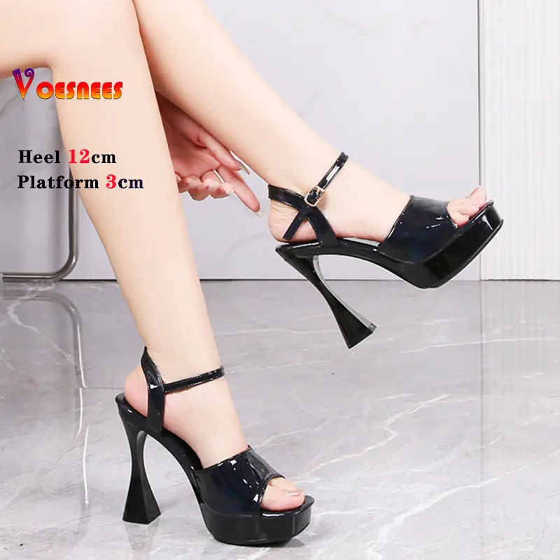 Sexy Black Chunky High-heeled Women Sandals Platform Super High Heels For Woman Square Heel Sandals Gladiator Party Dress Women