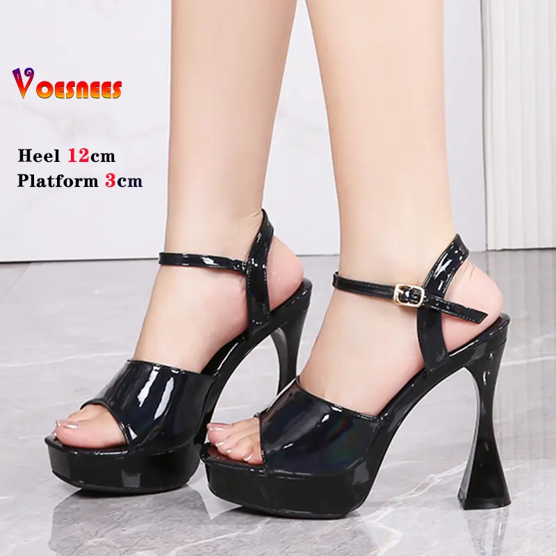 Sexy Black Chunky High-heeled Women Sandals Platform Super High Heels For Woman Square Heel Sandals Gladiator Party Dress Women