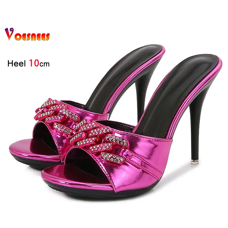 2025 Summer Women Chain Rhinestone Sandals 10CM Thin Heel Slides Slippers Plus Size 43 Fashion Ladies Slip-On Shiny Party Shoes