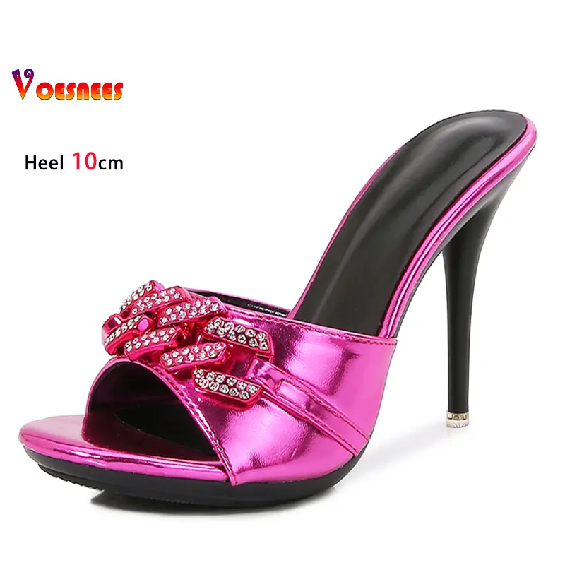 2025 Summer Women Chain Rhinestone Sandals 10CM Thin Heel Slides Slippers Plus Size 43 Fashion Ladies Slip-On Shiny Party Shoes