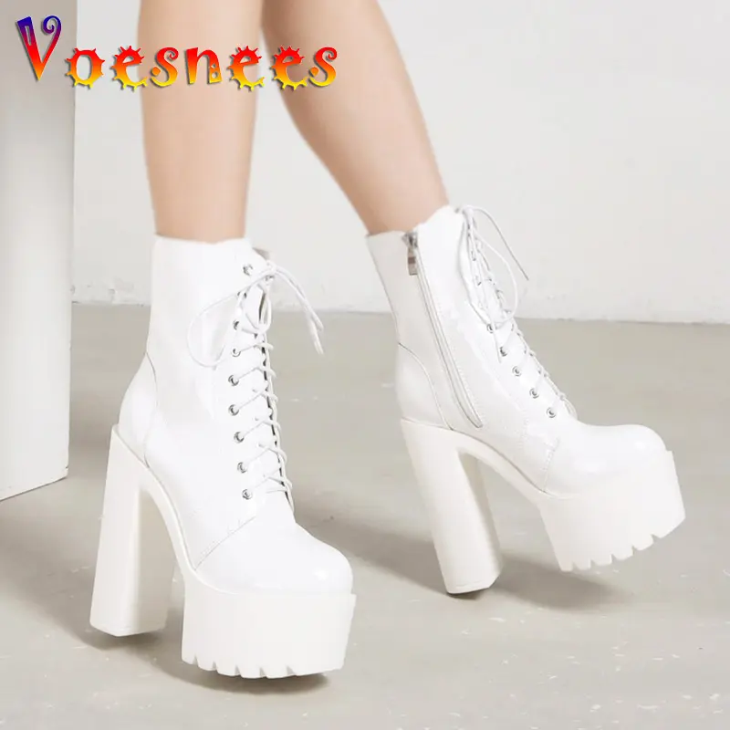 Black 14CM Super High Heels 2023 New Ladies Ankle Boots Square Heels Side Zipper Sexy Women Pumps Platform Lace-Up Casual Shoes