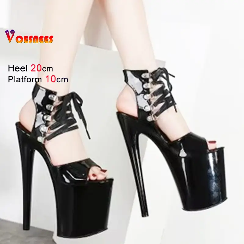 Black High Heels Catwalk Women Sandals 17cm 20CM Thin Heel Thick Bottom Ankle Strap Open Toe Sexy Nightclub Party Women's Shoes