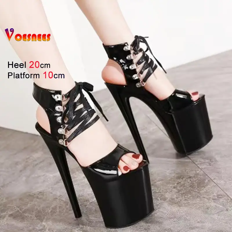 Black High Heels Catwalk Women Sandals 17cm 20CM Thin Heel Thick Bottom Ankle Strap Open Toe Sexy Nightclub Party Women's Shoes