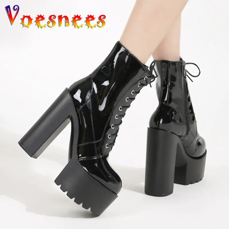 Black 14CM Super High Heels 2023 New Ladies Ankle Boots Square Heels Side Zipper Sexy Women Pumps Platform Lace-Up Casual Shoes