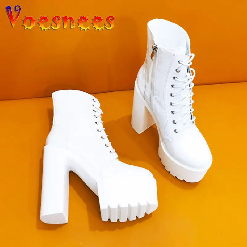 Black 14CM Super High Heels 2023 New Ladies Ankle Boots Square Heels Side Zipper Sexy Women Pumps Platform Lace-Up Casual Shoes