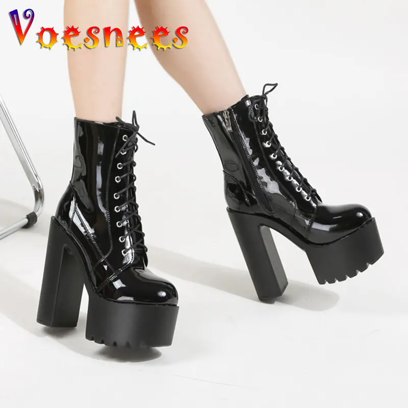 Black 14CM Super High Heels 2023 New Ladies Ankle Boots Square Heels Side Zipper Sexy Women Pumps Platform Lace-Up Casual Shoes