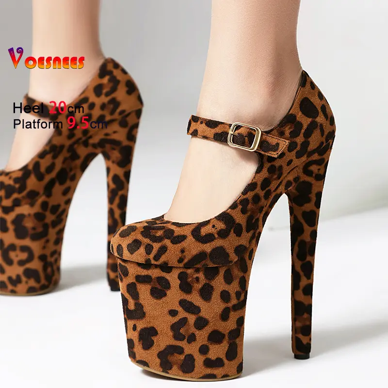 Suede Leopard Print Single Shoes For Women Thick Platform 20CM Thin High Heels Fetish Pole Dance Shoes Female Buckle Strap Pumps