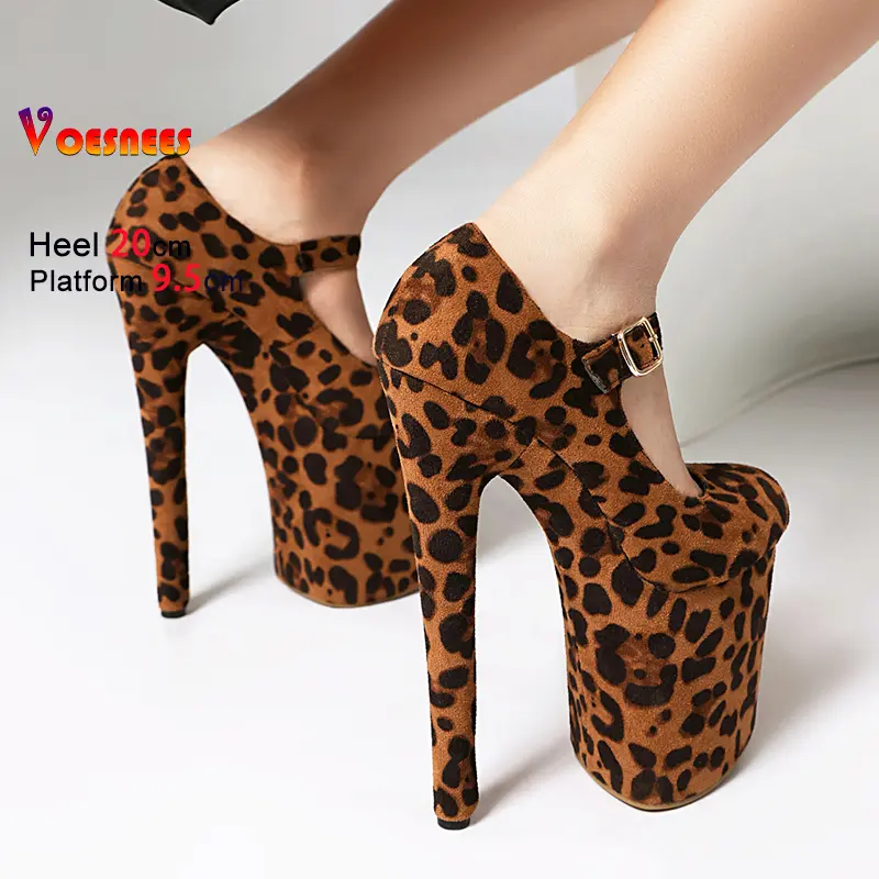 Suede Leopard Print Single Shoes For Women Thick Platform 20CM Thin High Heels Fetish Pole Dance Shoes Female Buckle Strap Pumps