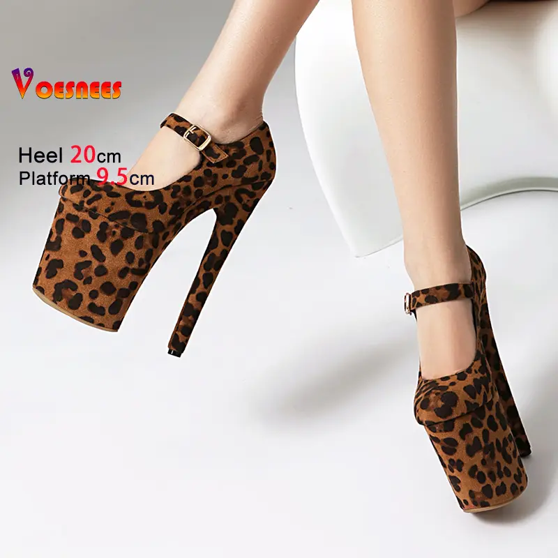 Suede Leopard Print Single Shoes For Women Thick Platform 20CM Thin High Heels Fetish Pole Dance Shoes Female Buckle Strap Pumps