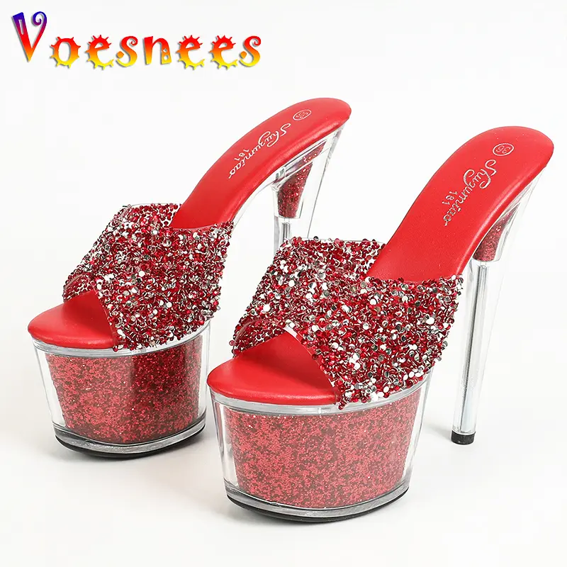 17CM Clear Slippers Platform Outside Sandals Bling Sequined Nightclub Women Shoes Summer 2025 New Transparent Super High Heels