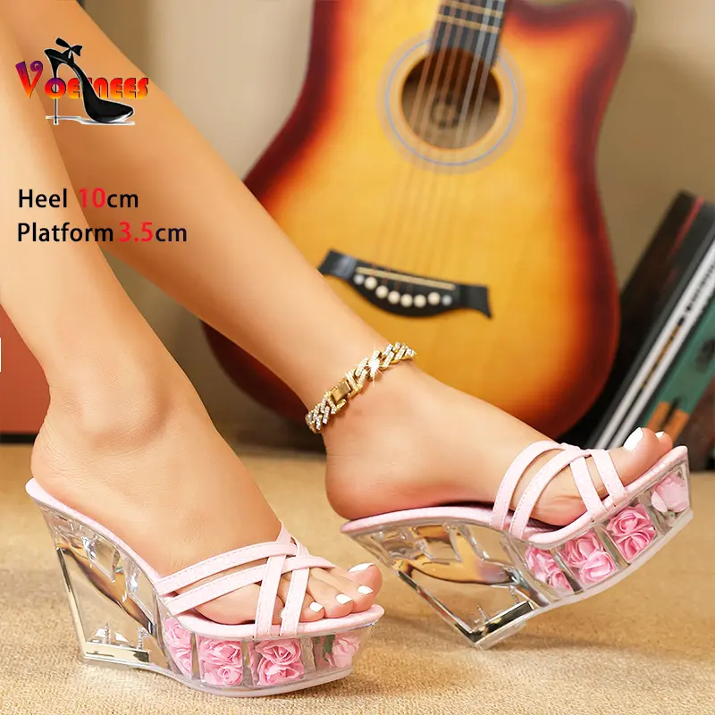 Transparent Wedges Slippers Women Slides Summer Party Shoes Lady 10CM Nightclub Stage High Heels T-Runway Model Sandals Mules