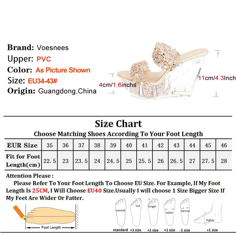 Designer Lady Thick Bottom High Heels 11CM Luxury Sequin Sandals Women Platform Slippers Summer Crystal Wedges Transparent Shoes