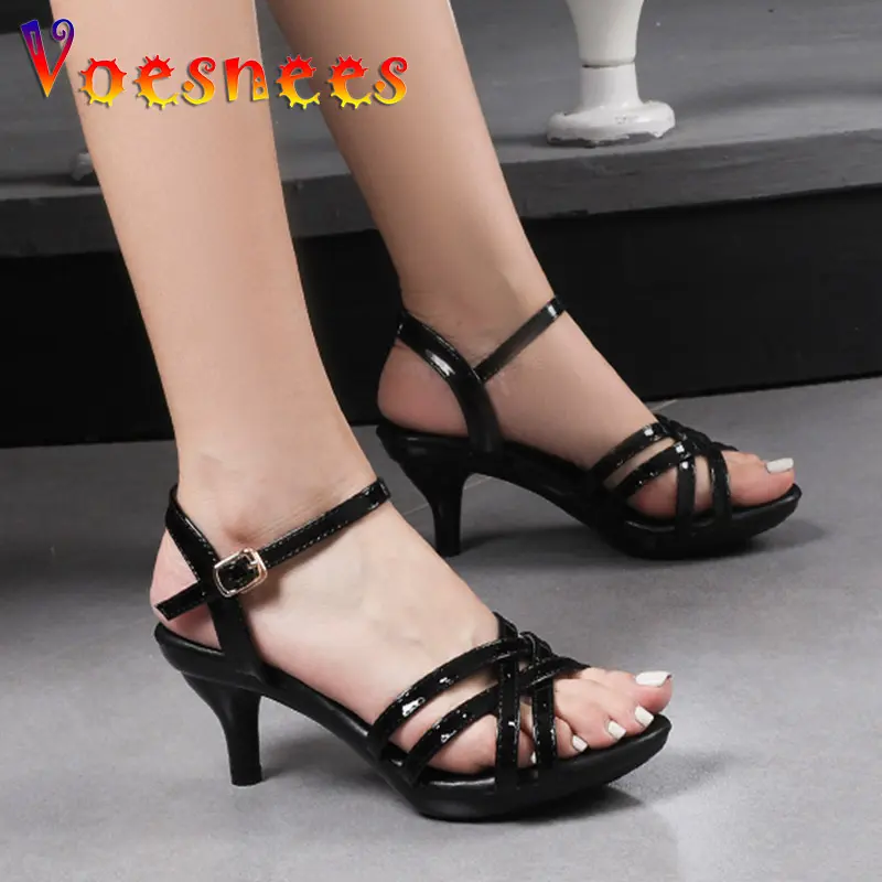 Women Sandal Comfortable Patent Leather 6CM Summer Student Shoes Fashion Simple Style Buckle Strap Party Thin High Heels Size 43
