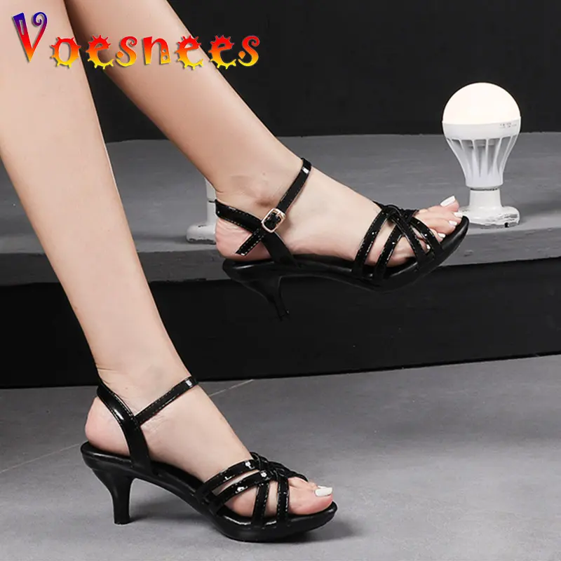 Women Sandal Comfortable Patent Leather 6CM Summer Student Shoes Fashion Simple Style Buckle Strap Party Thin High Heels Size 43