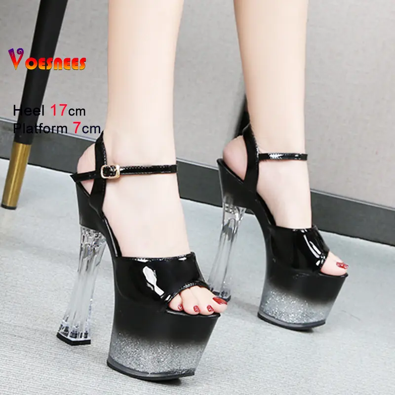 New Summer 17cm Women's Crystal Diamond Fringe Sandals Patent Leather High Heels Platform Square Heel Fashion Party Ladies Shoes