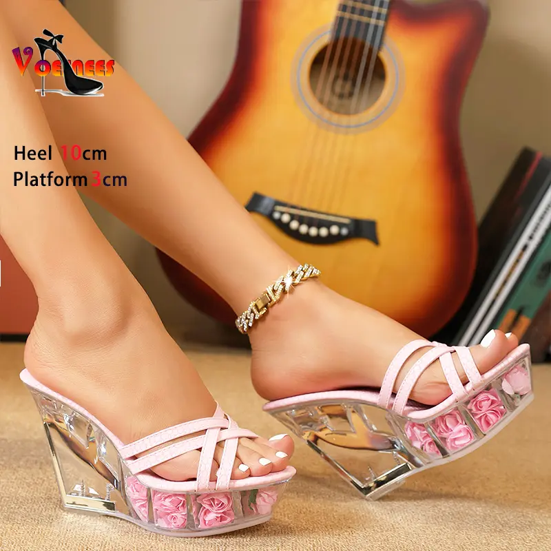 Women Wedges Transparent Shoes Summer Stage Show Sandals 10CM Club Party High Heels Slides Thick Sole Summer Narrowband Slippers