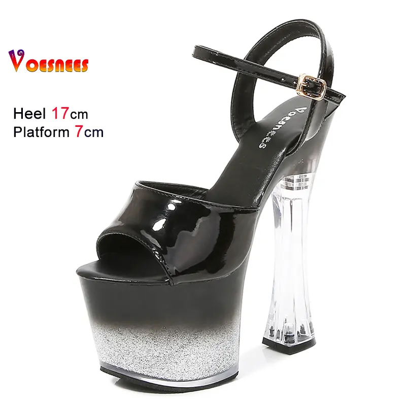 New Summer 17cm Women's Crystal Diamond Fringe Sandals Patent Leather High Heels Platform Square Heel Fashion Party Ladies Shoes