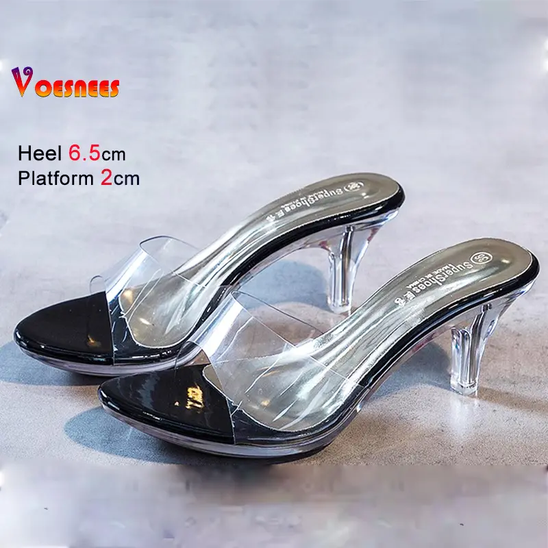 Women's High Heels Slippers 6.5cm Outdoolir Casual Mules PVC Transparent Open Toe Female Shoes Footwear Low Clear Heels Slides