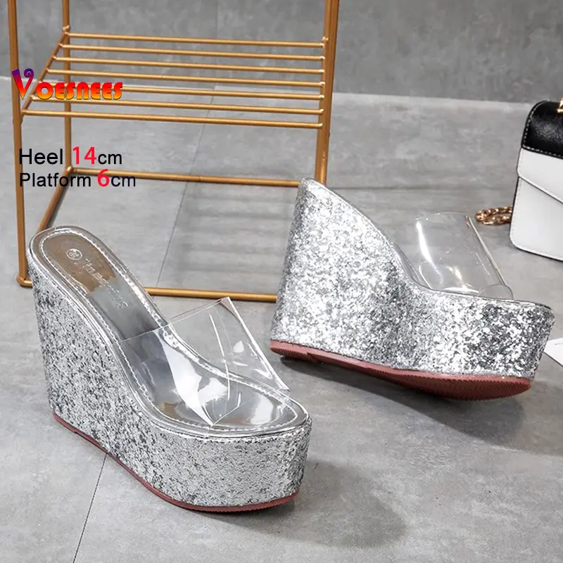 New Transparent PVC Slippers For Women 12CM 14CM Brand Sandals Gold Silvery Thick Sole Wedges Summer Shoes Sequin High Heels