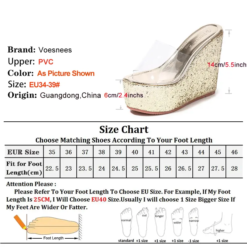 New Transparent PVC Slippers For Women 12CM 14CM Brand Sandals Gold Silvery Thick Sole Wedges Summer Shoes Sequin High Heels
