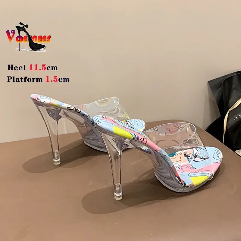 Summer Stylish Open-toed High Heels Women Slippers Crystal Transparent Color Sandals 11.5cm Thin Heels PVC Shoes Large Size 43