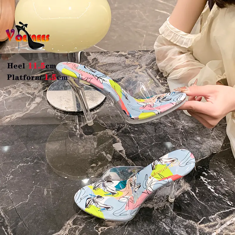 Summer Stylish Open-toed High Heels Women Slippers Crystal Transparent Color Sandals 11.5cm Thin Heels PVC Shoes Large Size 43
