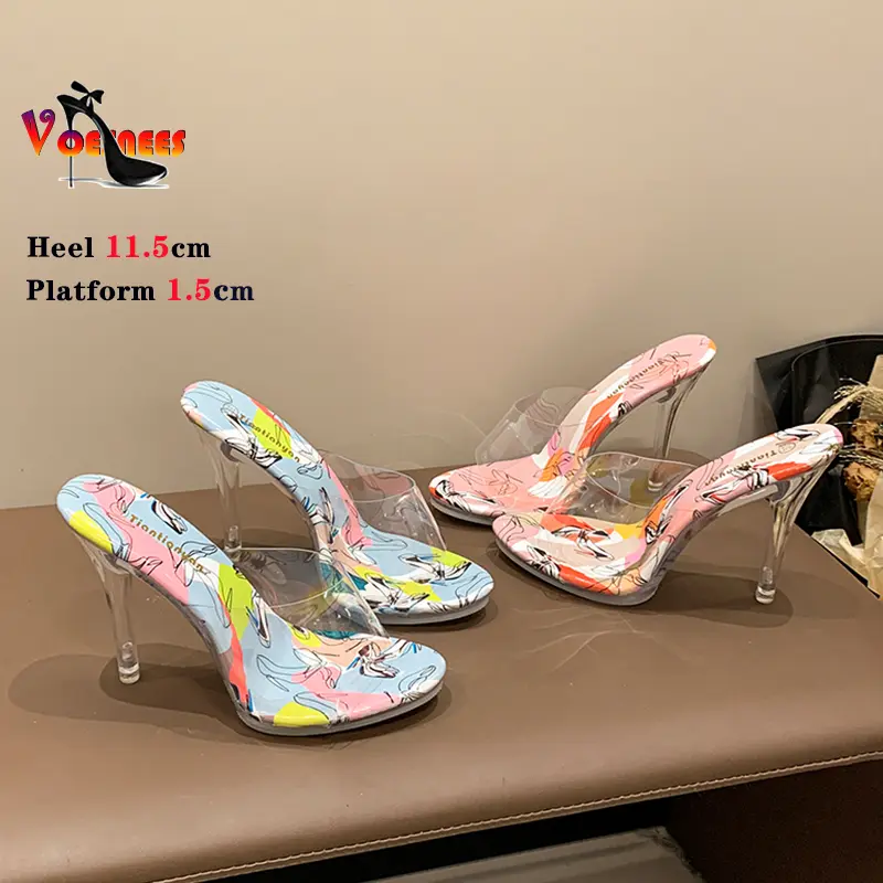 Summer Stylish Open-toed High Heels Women Slippers Crystal Transparent Color Sandals 11.5cm Thin Heels PVC Shoes Large Size 43