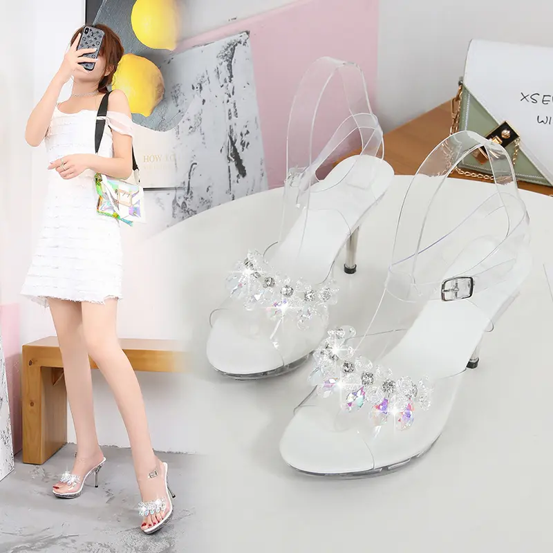 Transparent Rhinestone Sandals Women 2022 Sexy High Heels Ladies Banquet Wedding Shoes Fashion Show Summer Open Toe Woman Slippe
