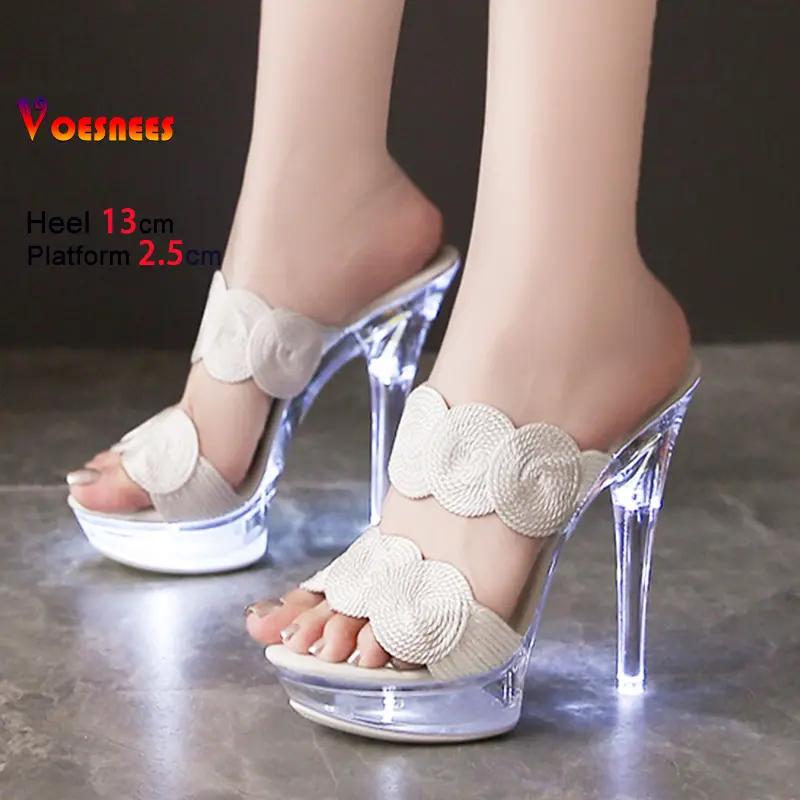 Light-up Glowing Sandals 13CM Thin Heel Women Nightclub Party Shoes Transparent Platform Slides Summer Plus Size White Slippers