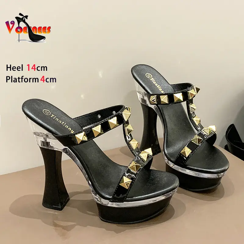 Fashion Rivet Slippers 14CM 17CM Black Slip-on High Heels Women Platform Nightclub Summer Shoes For Ladies Roman Style Sandals