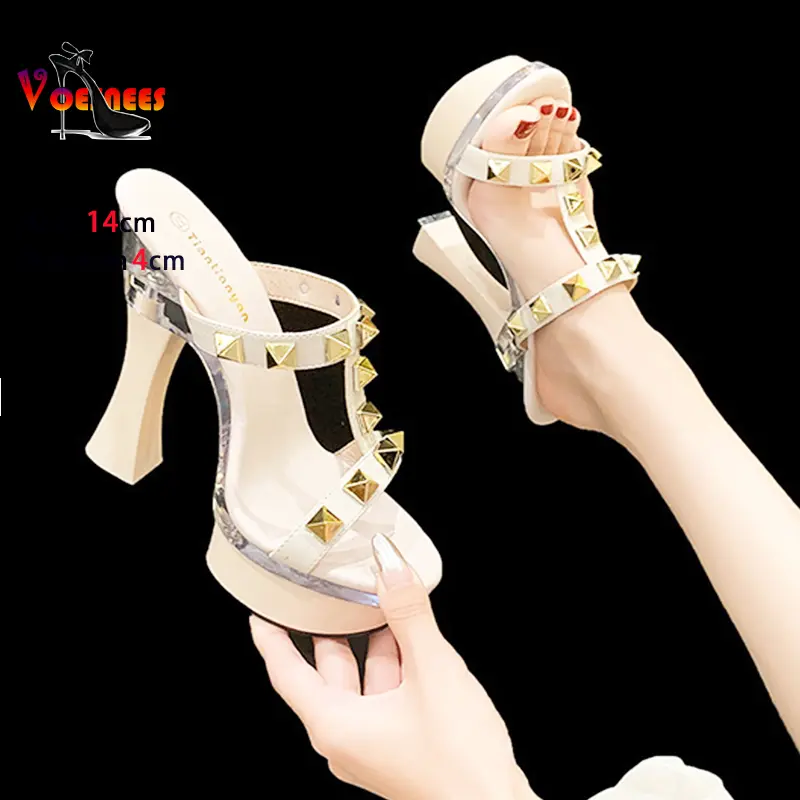 Fashion Rivet Slippers 14CM 17CM Black Slip-on High Heels Women Platform Nightclub Summer Shoes For Ladies Roman Style Sandals
