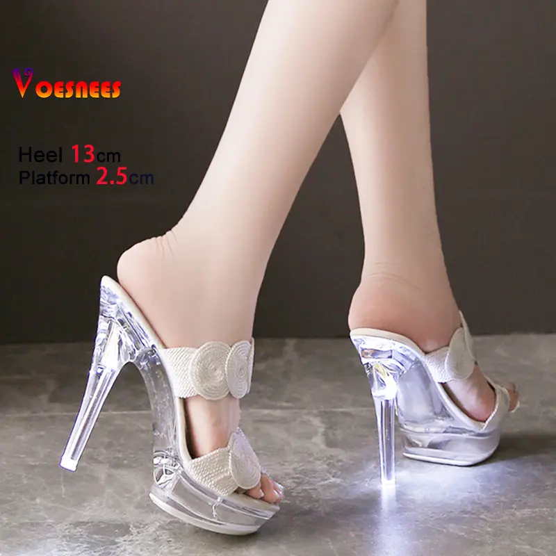Light-up Glowing Sandals 13CM Thin Heel Women Nightclub Party Shoes Transparent Platform Slides Summer Plus Size White Slippers