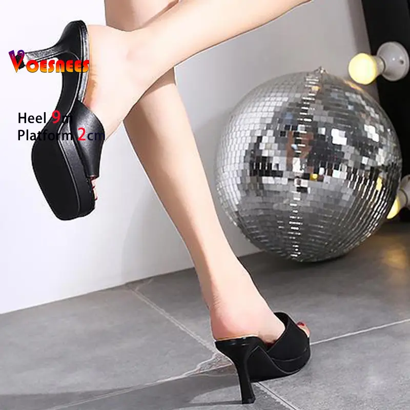 Sexy Black High Heels 9cm Platform 2cm Women's Shoes Slippers Thin Heels Square Head Ladies Pumps Peep Toes Stiletto Patry Shoes