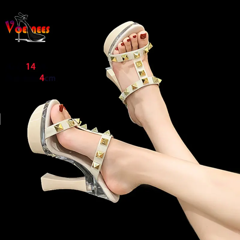 Fashion Rivet Slippers 14CM 17CM Black Slip-on High Heels Women Platform Nightclub Summer Shoes For Ladies Roman Style Sandals