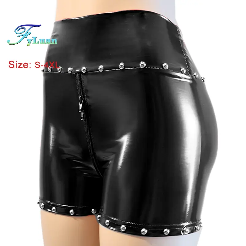Double Zipper Womens Gothic Fetish Leather Shorts High Waist Front Zipper Shorts Stylish Booty Shorts For Motorcycle Raves