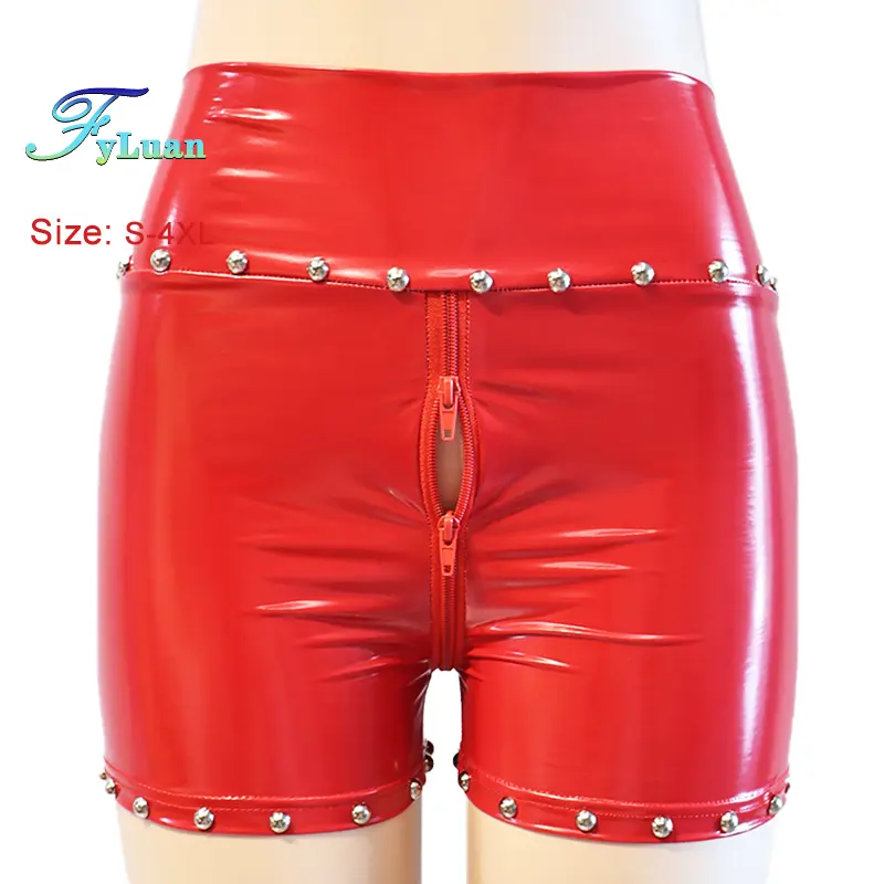 Double Zipper Womens Gothic Fetish Leather Shorts High Waist Front Zipper Shorts Stylish Booty Shorts For Motorcycle Raves