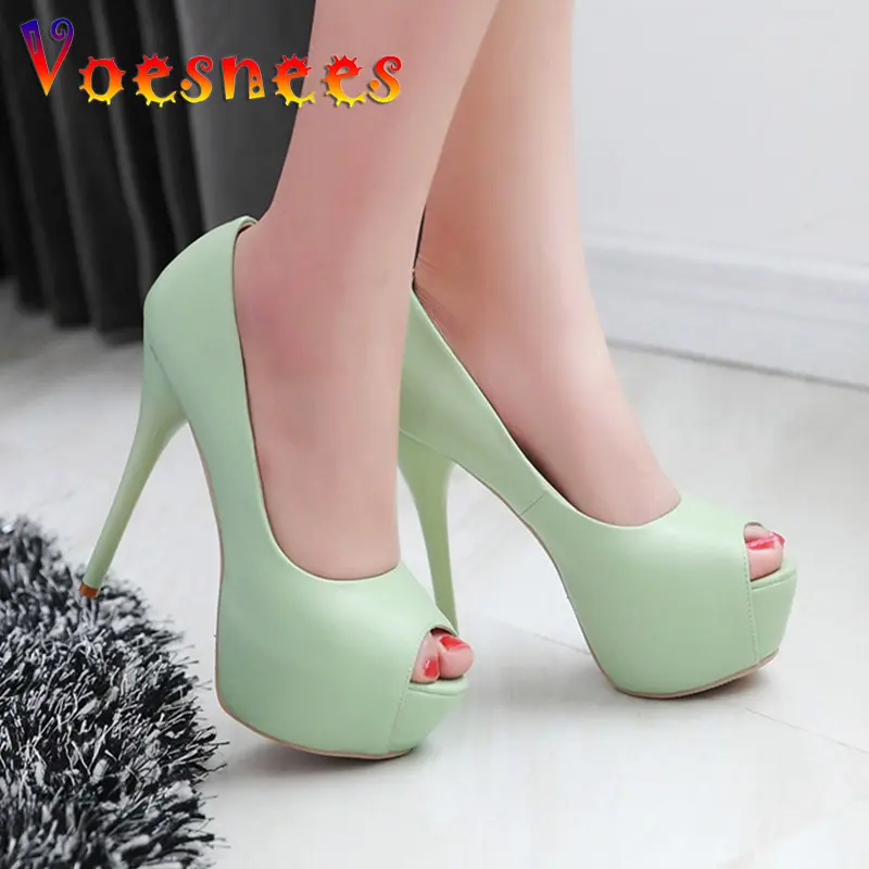 2022 Spring New Super High Heel Fish Mouth Single Shoes Waterproof Platform Comfortable Women's Thin Heel Model Walk Show Pumps